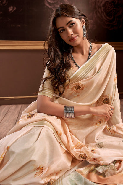Transcendent Beige Digital Printed Soft Silk Saree With Exemplary Blouse Piece
