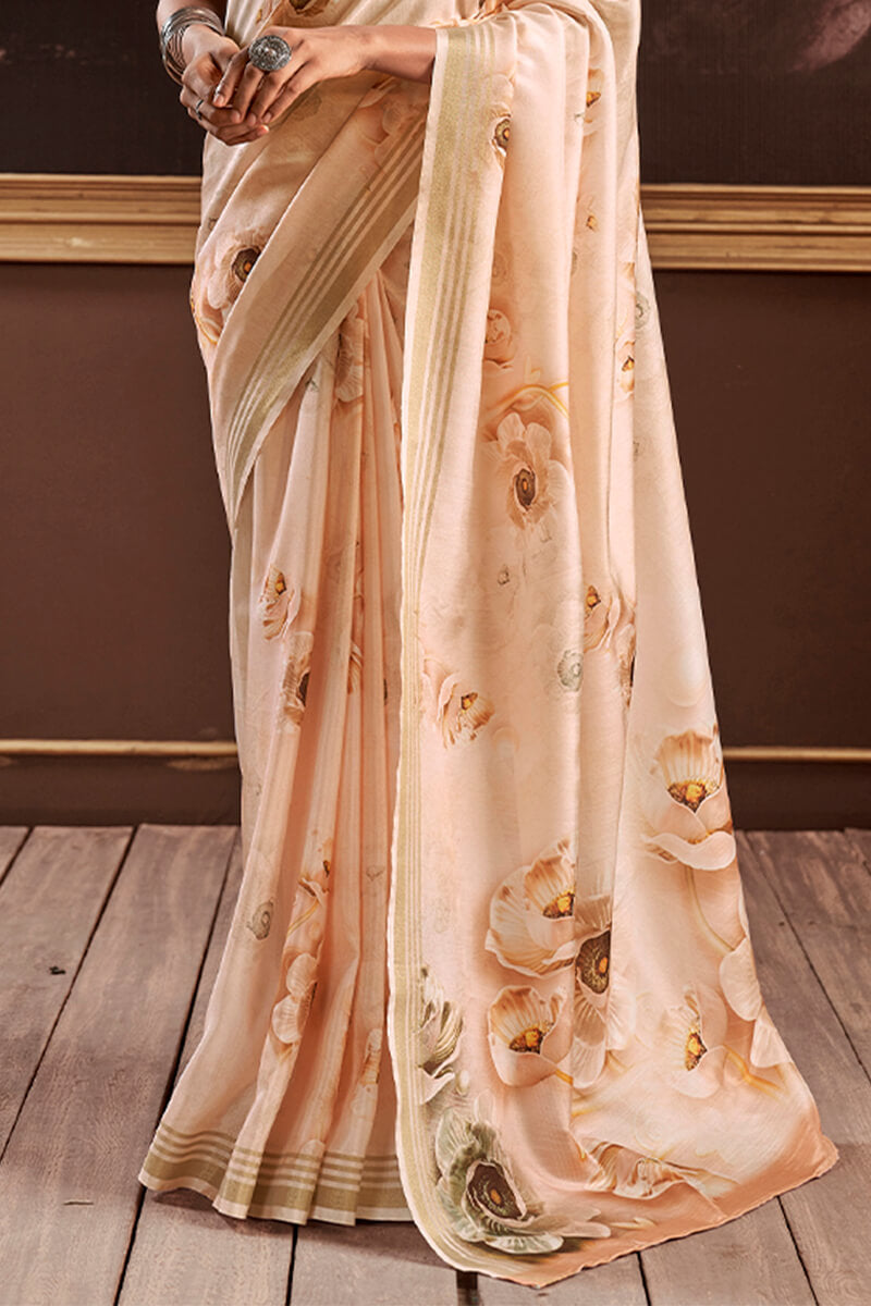 Transcendent Beige Digital Printed Soft Silk Saree With Exemplary Blouse Piece