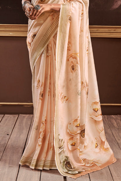 Transcendent Beige Digital Printed Soft Silk Saree With Exemplary Blouse Piece