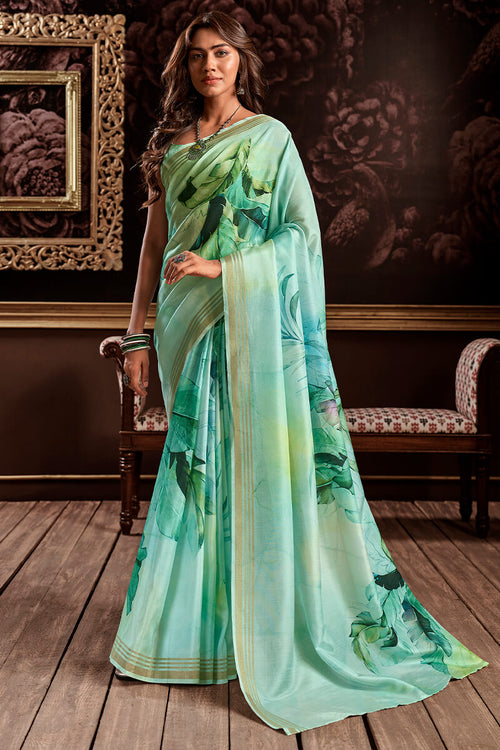 Load image into Gallery viewer, Amiable Sea Green Digital Printed Soft Silk Saree With Exquisite Blouse Piece
