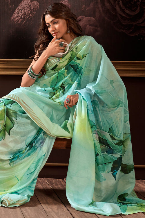 Load image into Gallery viewer, Amiable Sea Green Digital Printed Soft Silk Saree With Exquisite Blouse Piece
