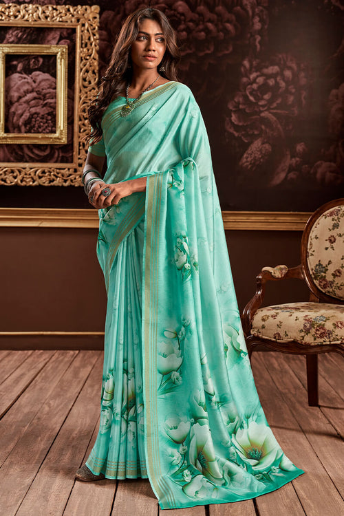 Load image into Gallery viewer, Admirable Turquoise Digital Printed Soft Silk Saree With Adoring Blouse Piece
