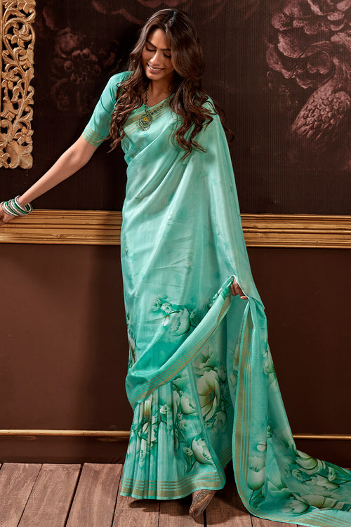 Load image into Gallery viewer, Admirable Turquoise Digital Printed Soft Silk Saree With Adoring Blouse Piece
