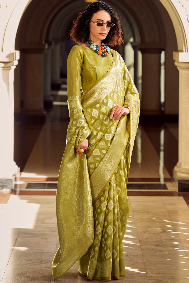 Extraordinary Mehndi Soft Banarasi Tissue Silk Saree With Sizzling Blouse Piece