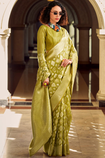 Extraordinary Mehndi Soft Banarasi Tissue Silk Saree With Sizzling Blouse Piece