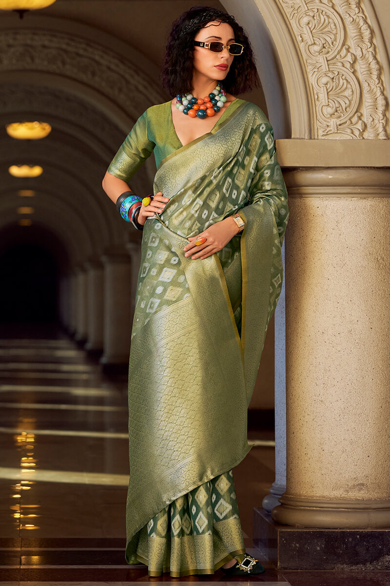 Vivacious Green Soft Banarasi Tissue Silk Saree With Excellent Blouse Piece