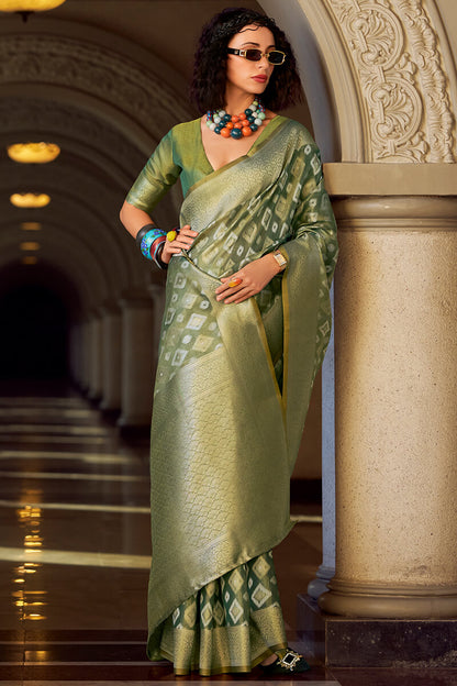 Vivacious Green Soft Banarasi Tissue Silk Saree With Excellent Blouse Piece