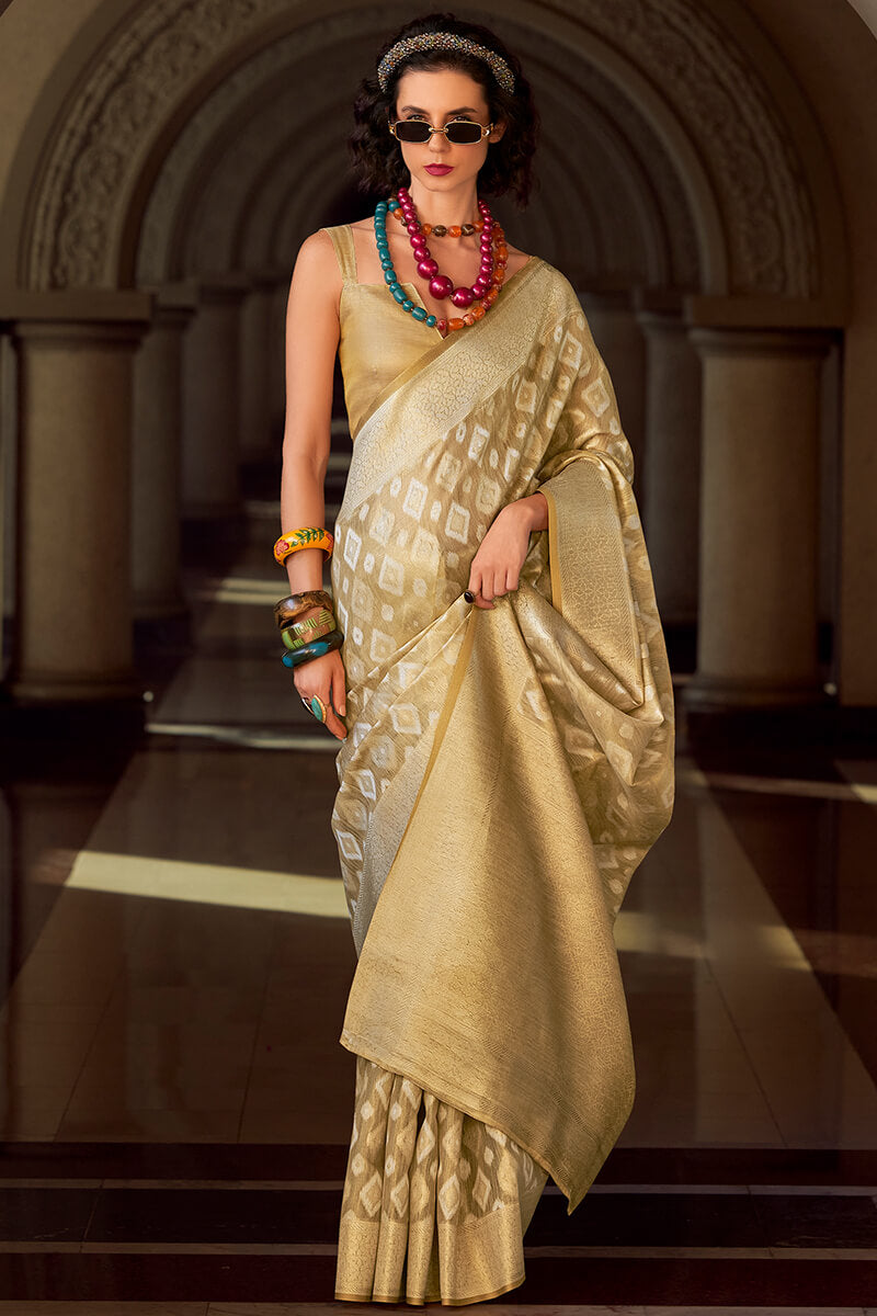 Resonant Beige Soft Banarasi Tissue Silk Saree With Imaginative Blouse Piece