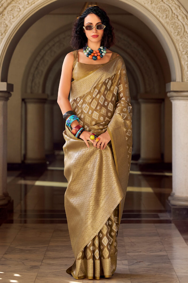 Lassitude Brown Soft Banarasi Tissue Silk Saree With Nectarous Blouse Piece