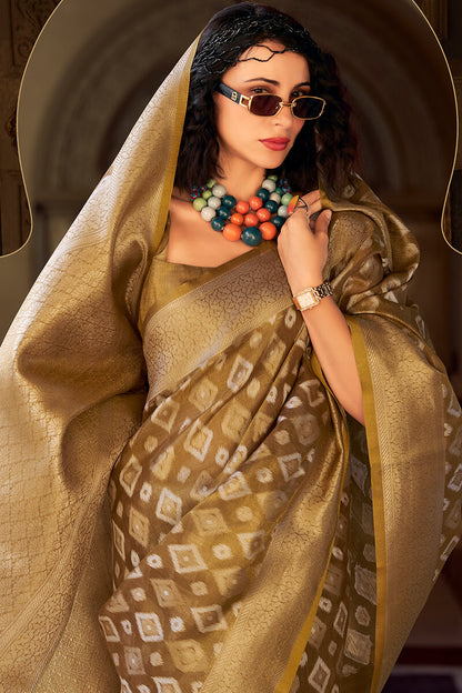 Lassitude Brown Soft Banarasi Tissue Silk Saree With Nectarous Blouse Piece