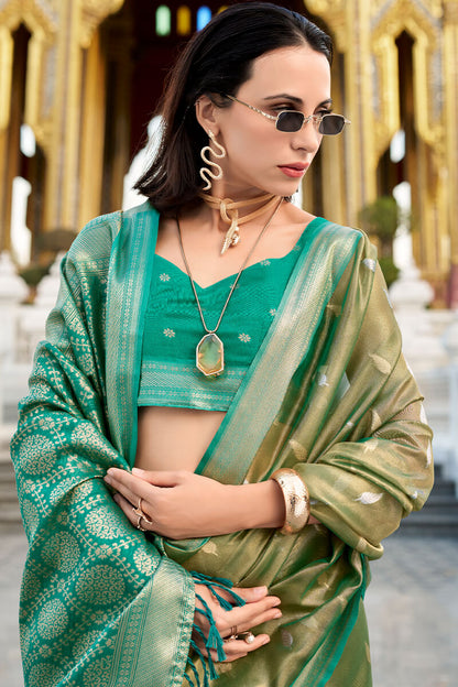 Unequalled Mehndi Soft Banarasi Silk Saree With Serendipity Blouse Piece