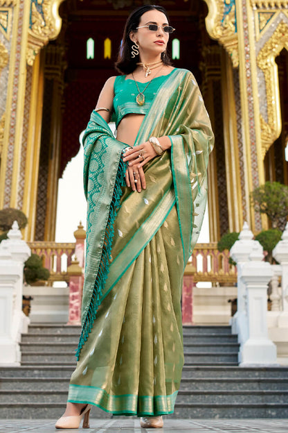 Unequalled Mehndi Soft Banarasi Silk Saree With Serendipity Blouse Piece