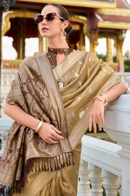 Gorgeous Golden Soft Banarasi Silk Saree With Jubilant Blouse Piece