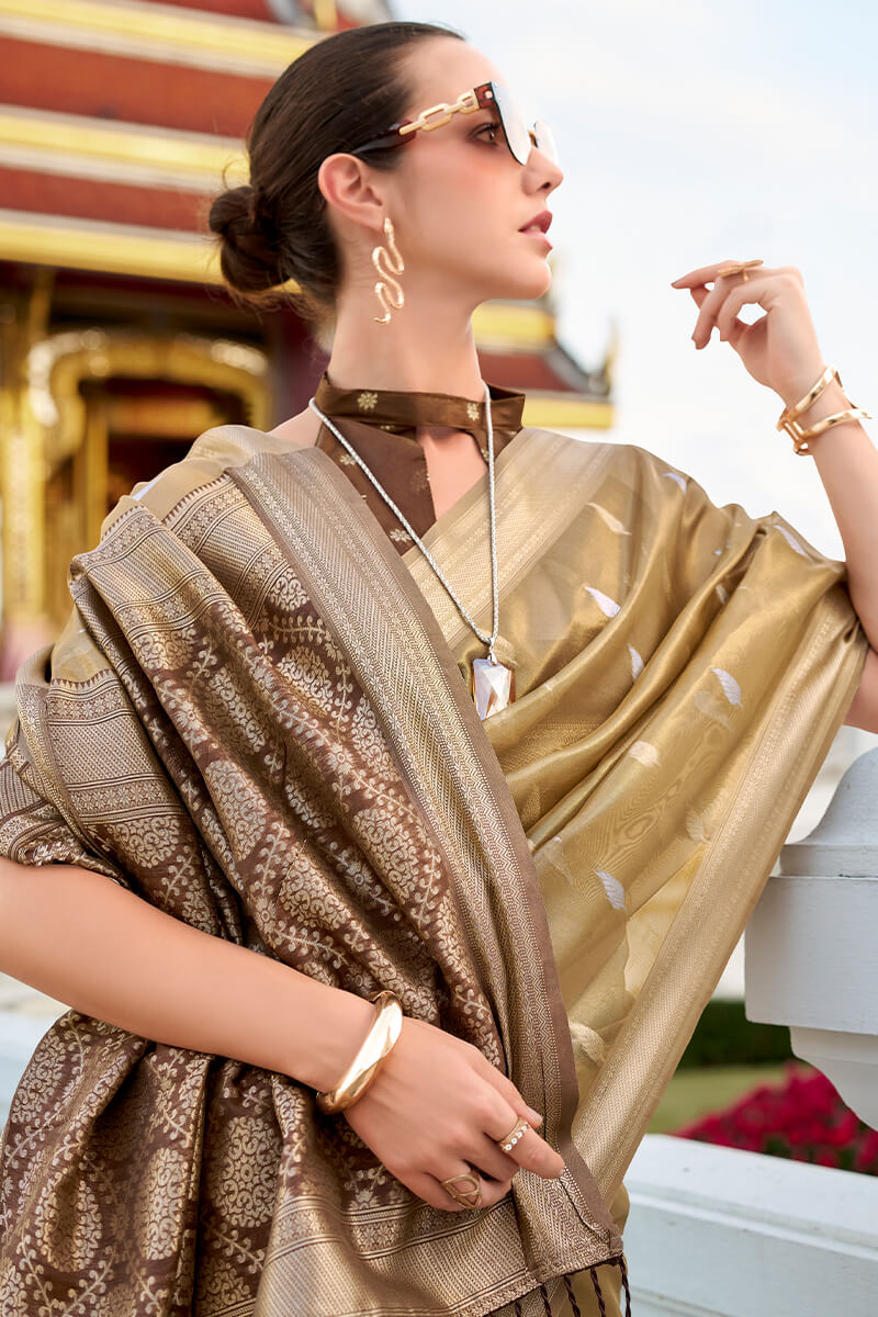 Gorgeous Golden Soft Banarasi Silk Saree With Jubilant Blouse Piece