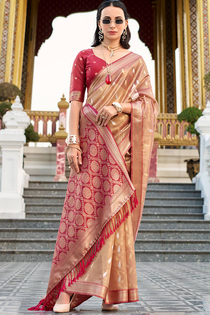 Enchanting Brown Soft Banarasi Silk Saree With Ethnic Blouse Piece