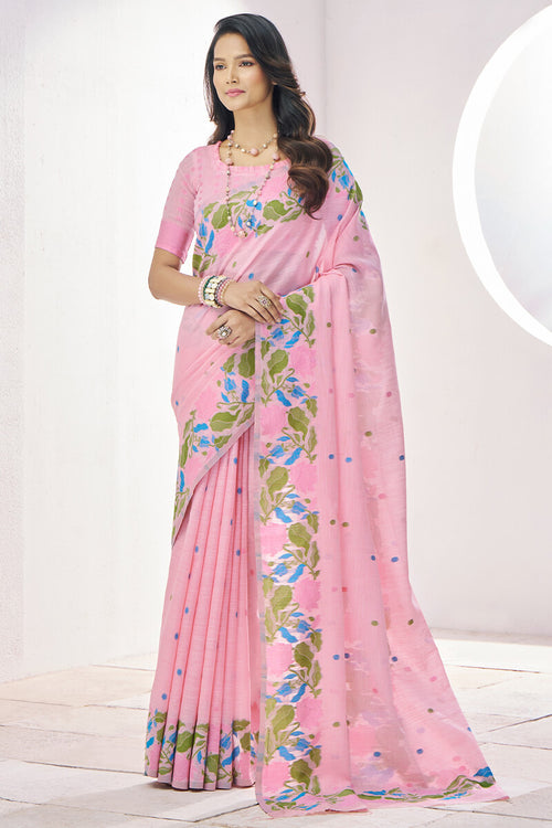 Load image into Gallery viewer, Gleaming Pink Cotton Silk Saree With Flattering Blouse Piece
