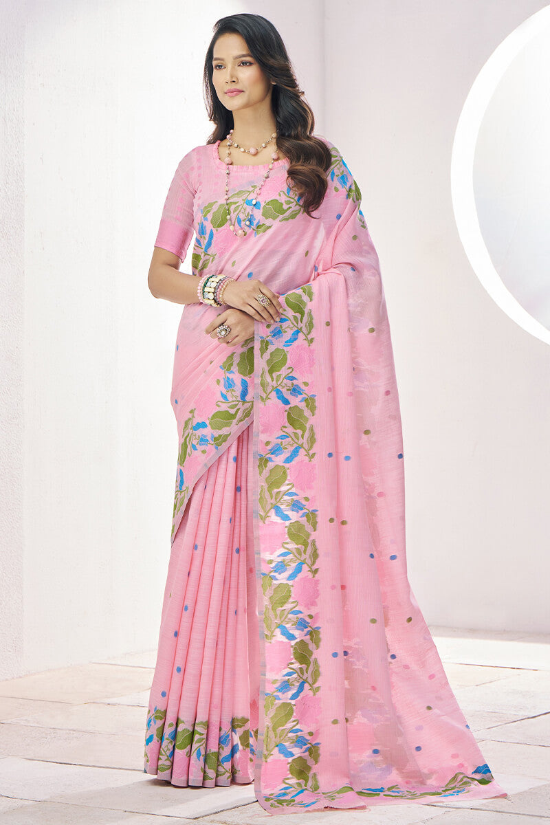 Gleaming Pink Cotton Silk Saree With Flattering Blouse Piece