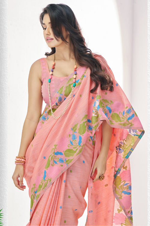 Load image into Gallery viewer, Unique Peach Cotton Silk Saree With Intricate Blouse Piece
