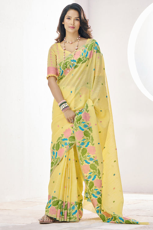 Load image into Gallery viewer, Hypnotic Yellow Cotton Silk Saree With Twirling Blouse Piece
