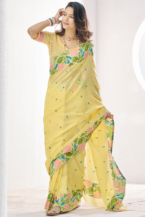 Load image into Gallery viewer, Hypnotic Yellow Cotton Silk Saree With Twirling Blouse Piece
