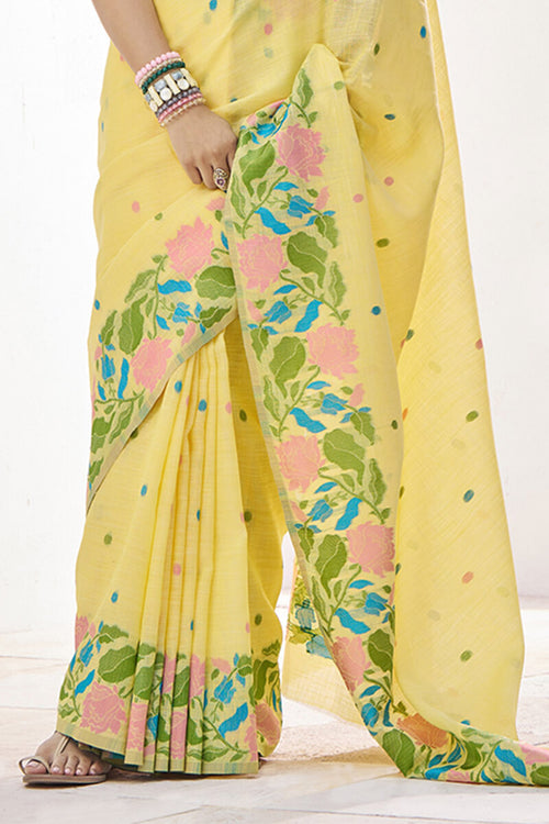 Load image into Gallery viewer, Hypnotic Yellow Cotton Silk Saree With Twirling Blouse Piece
