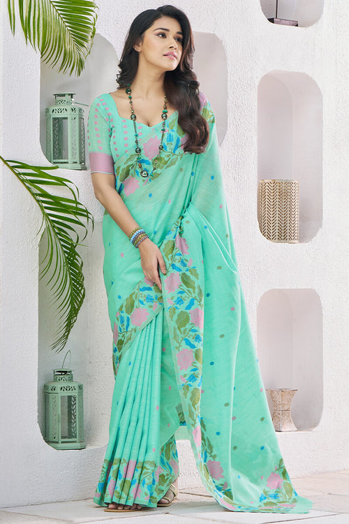 Load image into Gallery viewer, Confounding Sea Green Cotton Silk Saree With Artistic Blouse Piece
