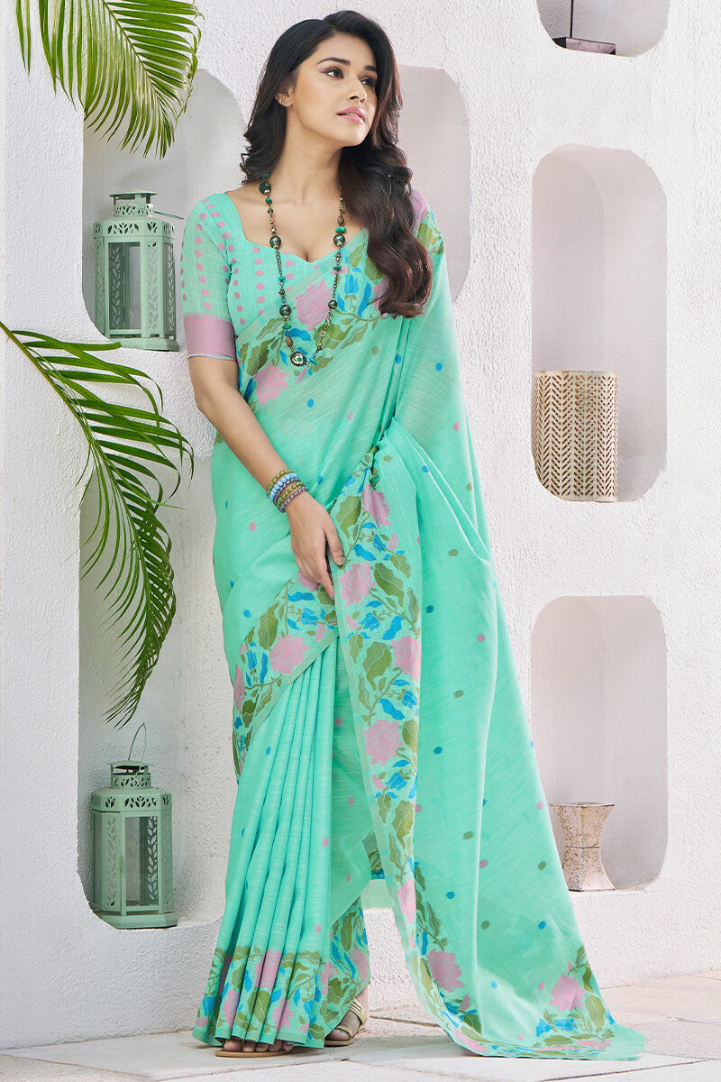 Confounding Sea Green Cotton Silk Saree With Artistic Blouse Piece