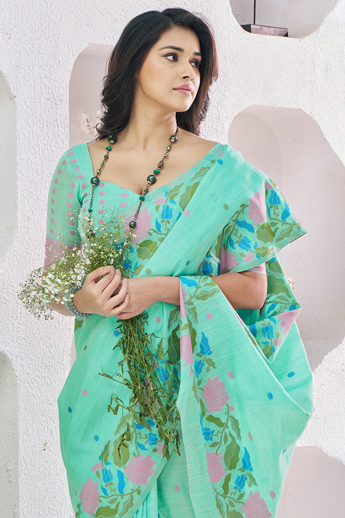 Load image into Gallery viewer, Confounding Sea Green Cotton Silk Saree With Artistic Blouse Piece
