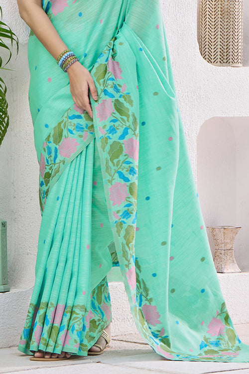 Load image into Gallery viewer, Confounding Sea Green Cotton Silk Saree With Artistic Blouse Piece
