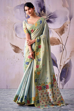 Susurrous Pista Banarasi Tissue Silk Saree With Eloquence Blouse Piece