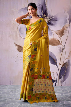 Resplendent Golden Banarasi Tissue Silk Saree With Murmurous Blouse Piece
