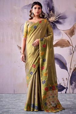 Alluring Mehndi Banarasi Tissue Silk Saree With Smashing Blouse Piece