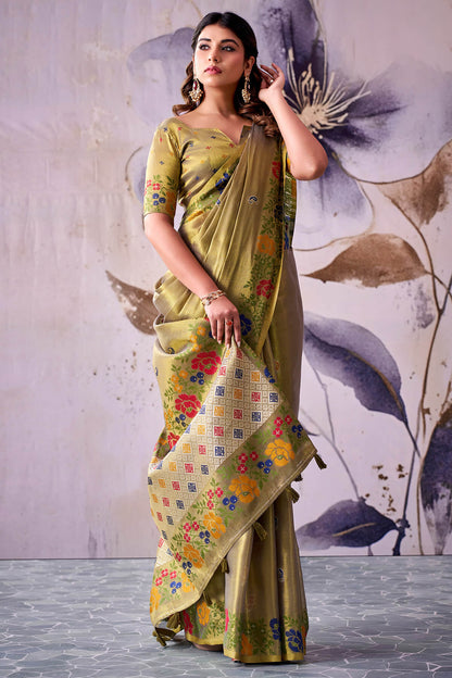Alluring Mehndi Banarasi Tissue Silk Saree With Smashing Blouse Piece
