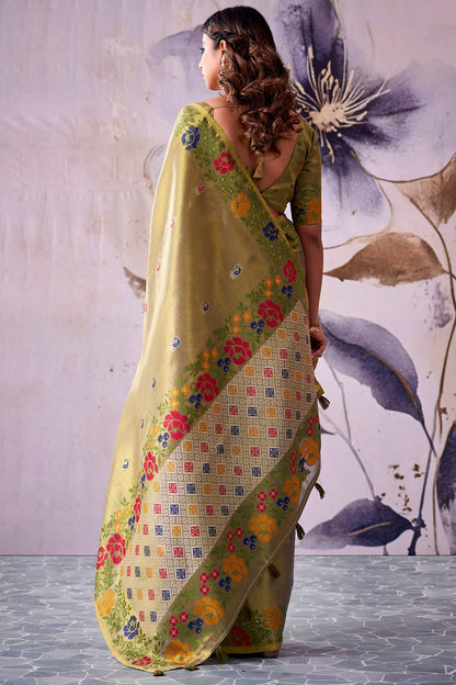 Alluring Mehndi Banarasi Tissue Silk Saree With Smashing Blouse Piece