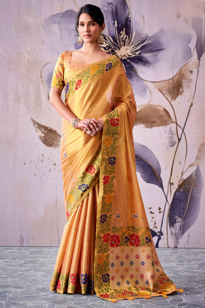 Precious Peach Banarasi Tissue Silk Saree With Unique Blouse Piece