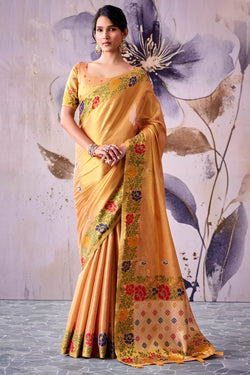 Precious Peach Banarasi Tissue Silk Saree With Unique Blouse Piece