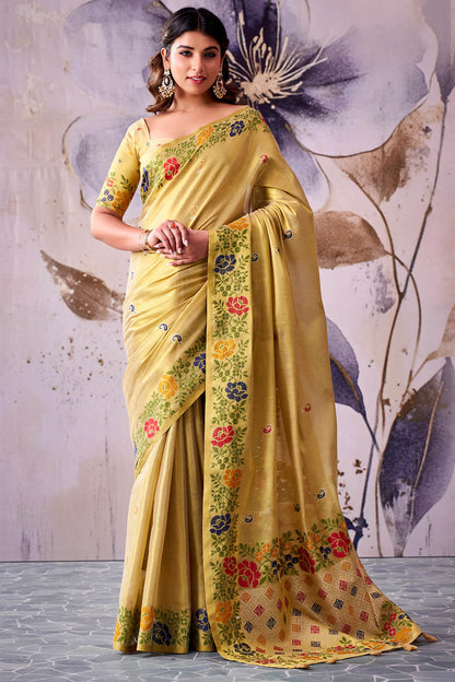 Traditional Yellow Banarasi Tissue Silk Saree With Quintessential Blouse Piece