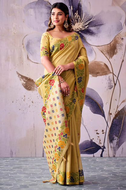Traditional Yellow Banarasi Tissue Silk Saree With Quintessential Blouse Piece