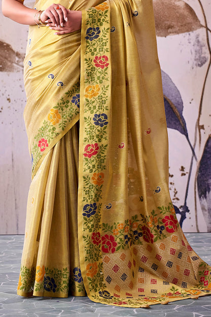 Traditional Yellow Banarasi Tissue Silk Saree With Quintessential Blouse Piece