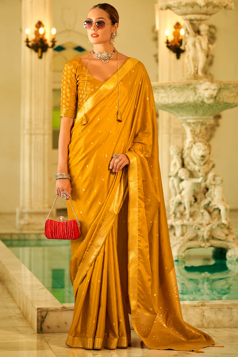 Scrumptious Mustard Banarasi Satin Silk Saree With Vestigial Blouse Piece