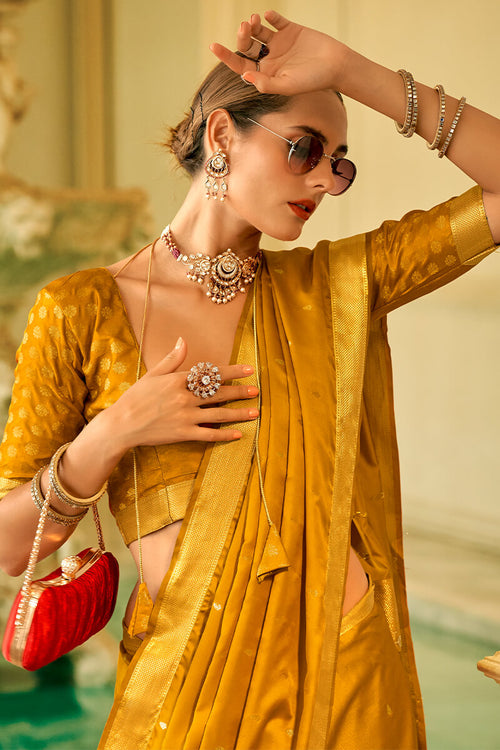 Load image into Gallery viewer, Scrumptious Mustard Banarasi Satin Silk Saree With Vestigial Blouse Piece
