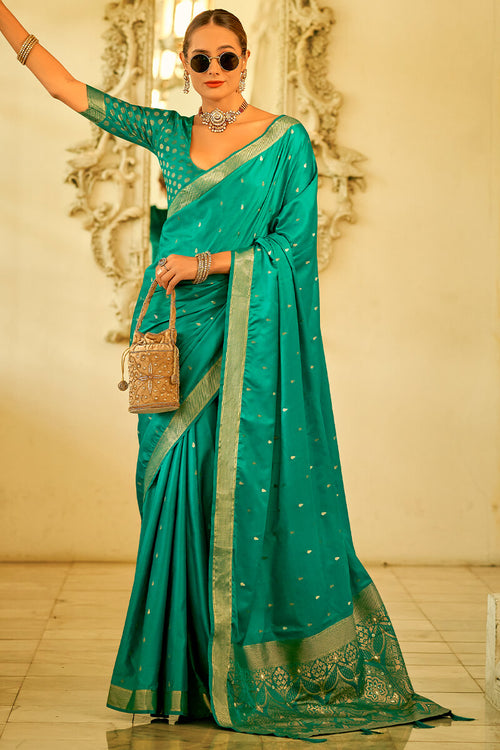 Load image into Gallery viewer, Quintessential Sea Green Banarasi Satin Silk Saree With Moiety Blouse Piece
