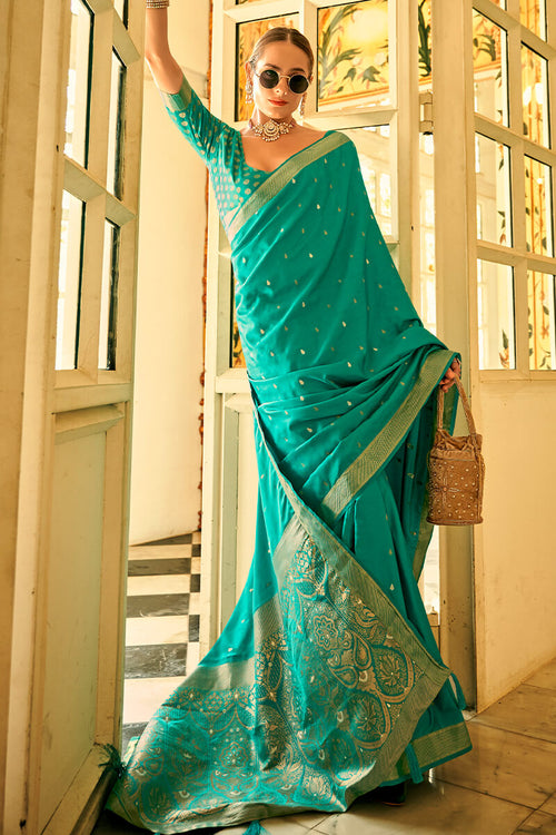 Load image into Gallery viewer, Quintessential Sea Green Banarasi Satin Silk Saree With Moiety Blouse Piece
