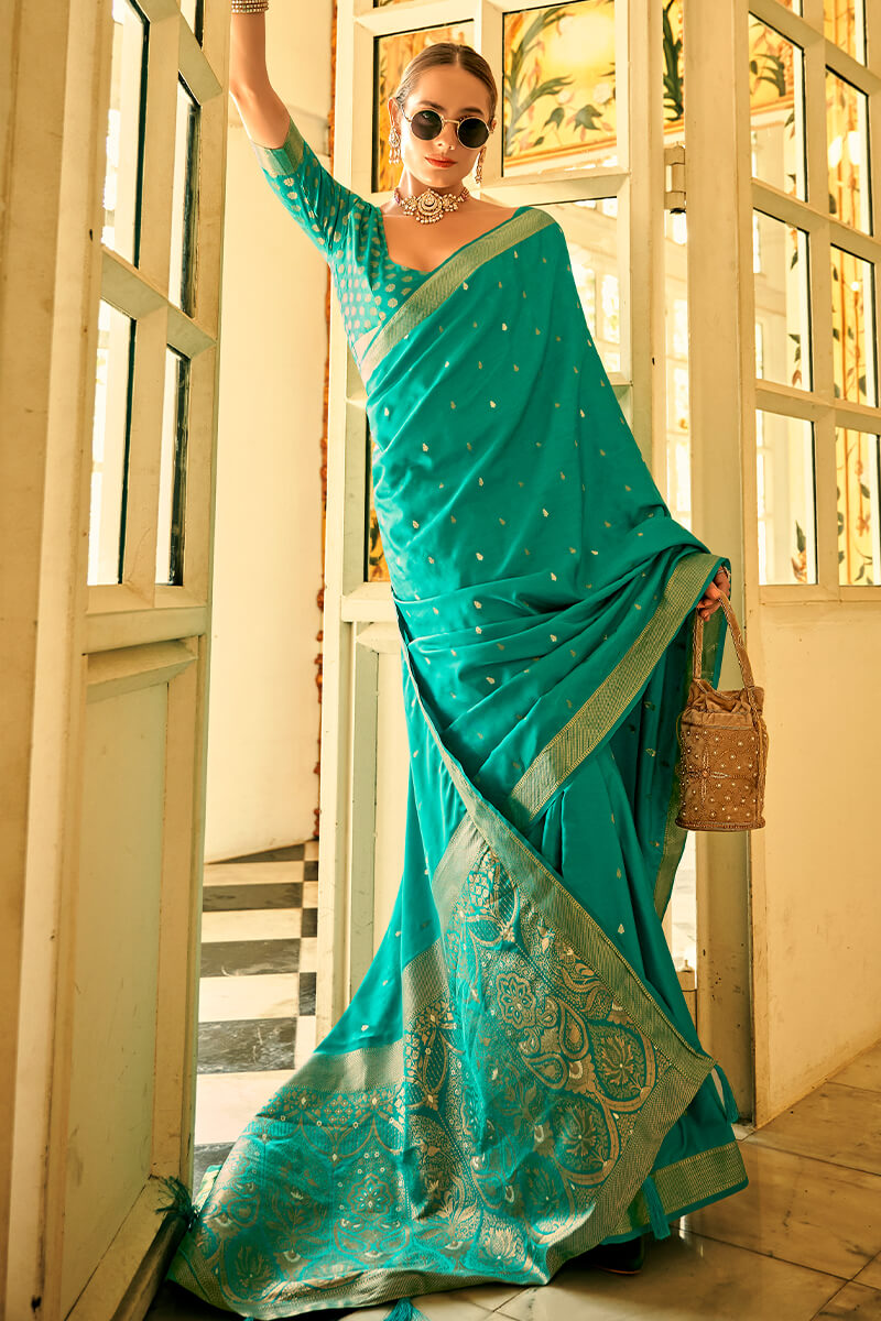 Quintessential Sea Green Banarasi Satin Silk Saree With Moiety Blouse Piece