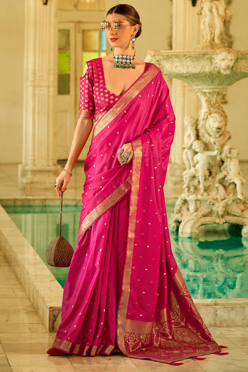 Load image into Gallery viewer, Forbearance Dark Pink Banarasi Satin Silk Saree With Diaphanous Blouse Piece
