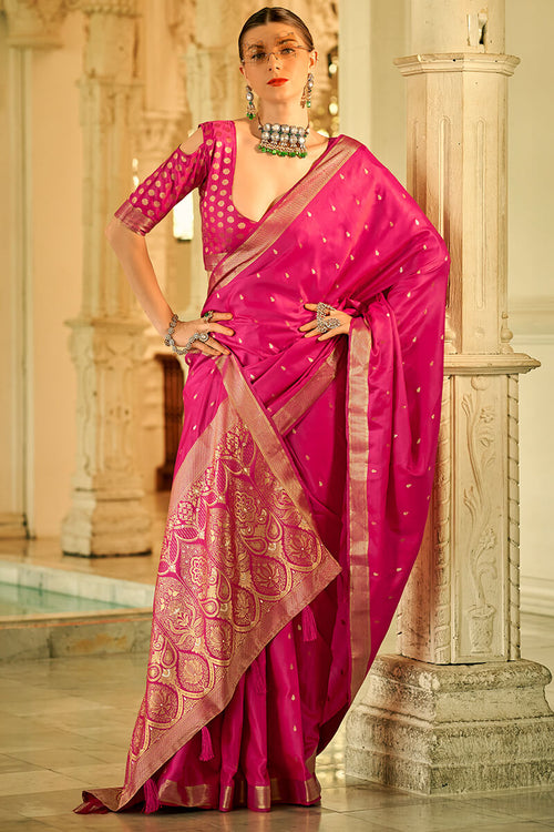 Load image into Gallery viewer, Forbearance Dark Pink Banarasi Satin Silk Saree With Diaphanous Blouse Piece
