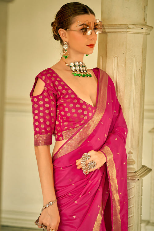 Load image into Gallery viewer, Forbearance Dark Pink Banarasi Satin Silk Saree With Diaphanous Blouse Piece
