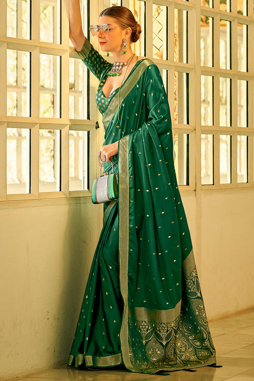 Load image into Gallery viewer, Flattering Dark Green Banarasi Satin Silk Saree With Demure Blouse Piece
