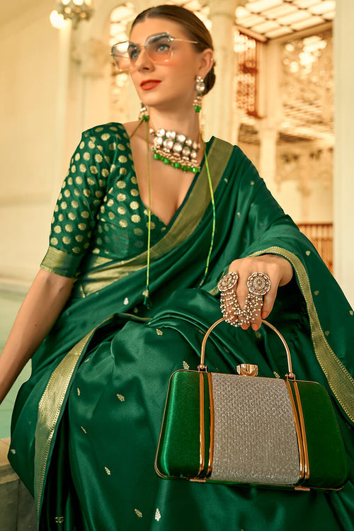 Load image into Gallery viewer, Flattering Dark Green Banarasi Satin Silk Saree With Demure Blouse Piece
