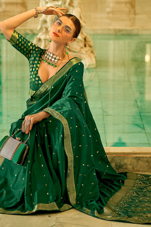 Load image into Gallery viewer, Flattering Dark Green Banarasi Satin Silk Saree With Demure Blouse Piece
